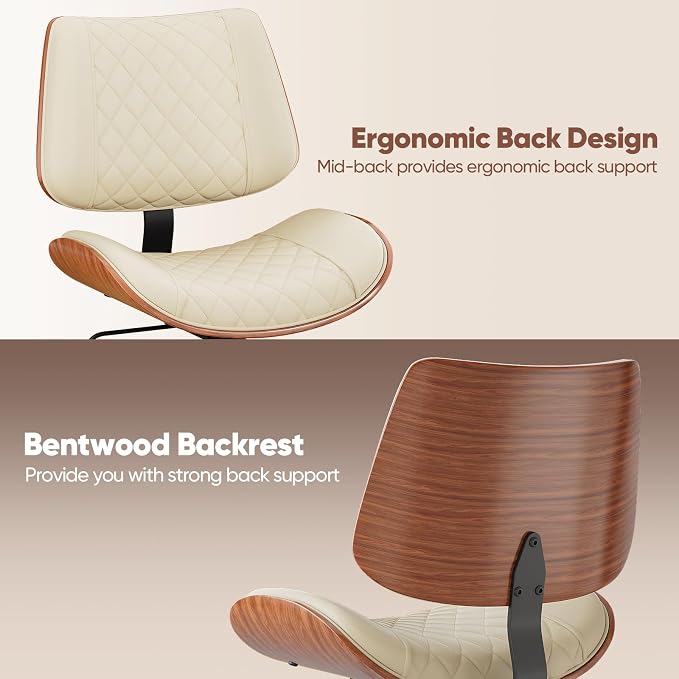 Home Office Desk Chair with Swivel Wheels, Modern PU Leather Armless Office Chair, Small Mid Back Computer Chair for Home Office, Reading Meeting Room (Beige, Gold Wheels)