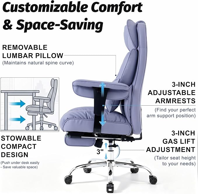 Efomao Executive Office Chair 400lbs,Purple Big and Tall Desk Chair | Mattress-grade pocket spring cushion, sleek leather, 135° recline & footrest for computer gaming setup.