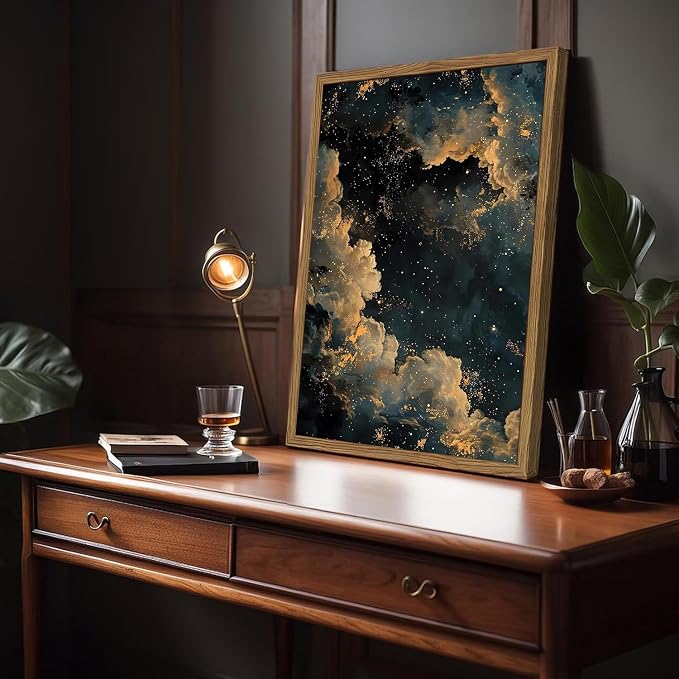 Dark Academia Cloud Wall Art, Vintage Moody Celestial Canvas Wall Decor Paintings, Maximalist Gold Night Sky Stars Aesthetic Posters Prints Pictures for Living Room Bedroom Home Decor 12x16 In Framed