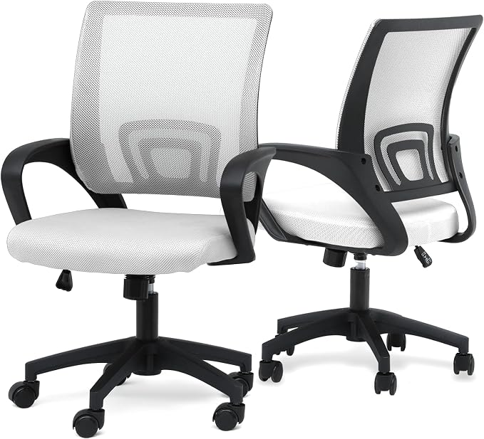 Athena Collection Computer Office Chair Set of 2, Ergonomic Desk Chair with Rolling Wheels, Mesh Back Support and Height Adjustable, Small and Comfy for Home Office, Study, White