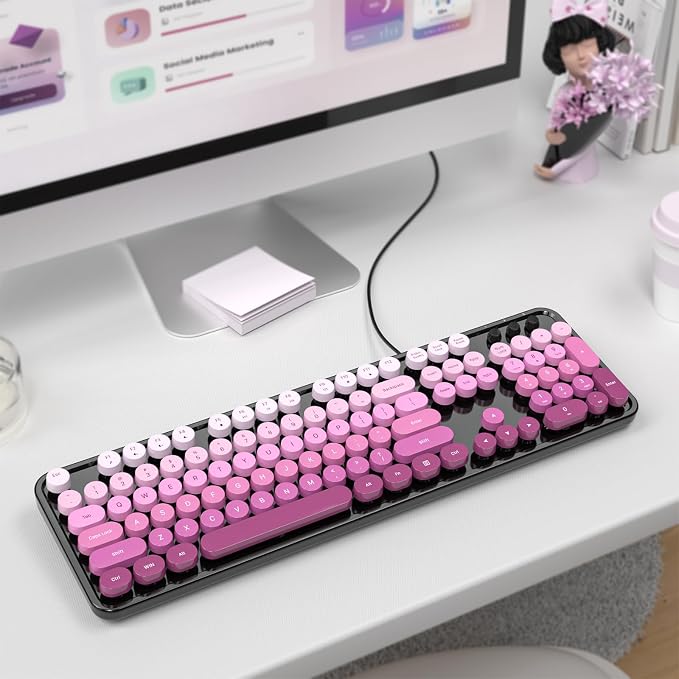 MOWUX Computer Keyboard Wired, Plug and Play USB Retro Round Typewriter Keyboard, Full Size Wired Keyboard with Foldable Stands for Laptop and Office PC- Black Pink Gradient