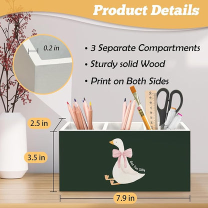 Dark Green Goose Pen Holder Organizer for Desk Accessories, Goose Gifts Wooden Box Sign Desk Decorations for Kids Girl Nursery Room Bedroom Playroom Decor