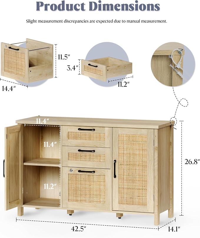 Lateral File Cabinets for Home Office, 3 Drawer and 2 Doors Filing Cabinet with Lock, Wide Rattan Filing Organization Storage Cabinets with Printer Stand for Hanging Files/A4/F4 Size, Natural Wood