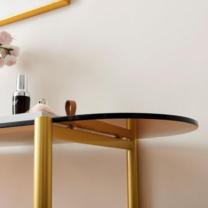 LumFurn Oval Glass Console Table for Living Room, Foyer & Entrance, 2-Tiers Mid-Century Modern Sofa Table with Amber Glass Top, Walnut Finish Wood Top and Gold Finish Metal Frame