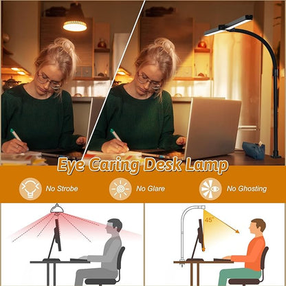 LED Desk Lamp for Office Dorm Home - Eye Caring Desk Light 18W Gooseneck Dimmable Table lamp with Anti-Glare Cover Clamp(No Remote)