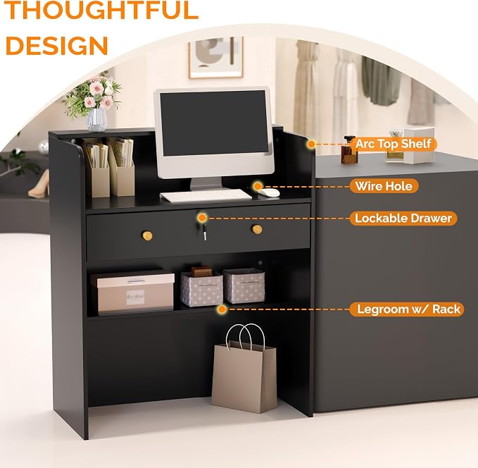 OmySalon Reception Desk with Counter, Small Front Checkout Desk w/Lockable Drawer, Wooden Modern Reception Table for Salon Lobby Office Home (Black, 32)
