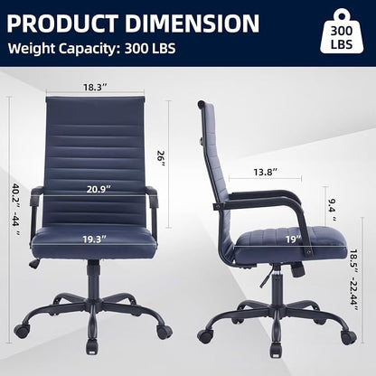 Office Chair, Ergonomic Executive Conference Room Chairs, Ribbed Leather Desk Chair with Lumbar Support, Adjustable Height Mid-Back Swivel Chair with Padded Seat and Square Tube Armrests