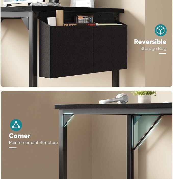 OLIXIS 63 Inch Computer Desk for Home Office, Writing Study Craft Gaming Table, Modern Computer Workstation with Storage Bag and Headphone Hook for Bedroom Small Spaces, Black
