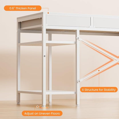 Sweetcrispy 55" Computer Desk with 6 Drawers, Home Office Gaming Desks with Storage Shelves for Bedroom, Writing Study Corner Living Room Work Table White