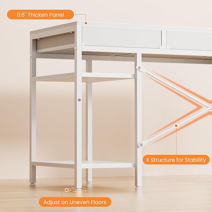 OLIXIS Computer Desk with 6 Drawers, 47 inch Office Workstation with Storage Shelves, Reversible Gaming Setup, Corner Table with Storage Drawers, Work for Home Office, Study, Living Room, White
