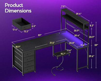 AODK L Shaped Gaming Desk with 4 Drawers, 59" Reversible Computer Desk with Hutch and Shelves, Gamer Desk with LED Lights, Power Outlets, Home Office Corner Desk with Gird Pegboard, Black