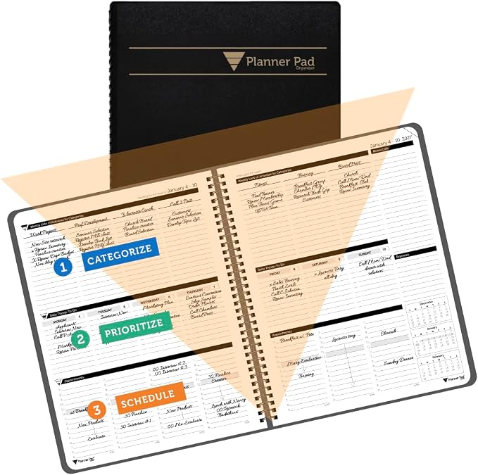 Planner Pad Spiral Bound January-December 2027/ Calender Year 8 1/2" x 11" Large 3-Tier Funnel Down 12 Month/Weekly Organizer, Black Cover/Black Ink