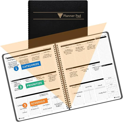 Planner Pad Spiral Bound January-December 2027/ Calender Year 8 1/2" x 11" Large 3-Tier Funnel Down 12 Month/Weekly Organizer, Black Cover/Black Ink