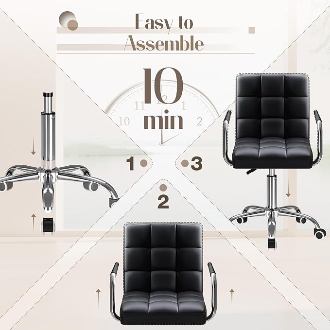 Furmax Vanity Office Chair with Wheels, Makeup PU Leather Executive Chair Modern Adjustable Home Desk Retro Comfortable Work Chair 360 Degree Swivel with Arms (Black)