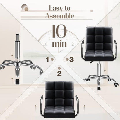 Furmax Vanity Office Chair with Wheels, Makeup PU Leather Executive Chair Modern Adjustable Home Desk Retro Comfortable Work Chair 360 Degree Swivel with Arms (Black)