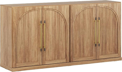 BELLEZE 65" Kitchen Storage Cabinet with Adjustable Shelves,Freestanding Accent Cabinet with Fluted Arched Design & Gold Handles,Modern Credenza for Living Room,Dining Room,Entryway - Camel