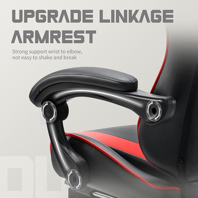 DUMOS Ergonomic Gaming Office Desk Chair with Footrest and Headrest for Adults, PU Leather Video Computer Chair with Linkage Armrests, Height Adjustable 360° Swivel Recling, Black Red