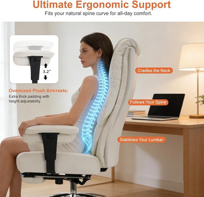 EXCEBET Big and Tall Office Chair 400lbs Wide Seat, Leather High Back Executive Office Chairs with Foot Rest, Ergonomic Lumbar Support for Lower Back Pain Relief (White)