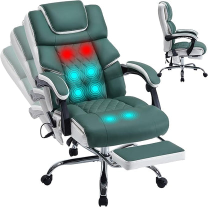 Massage Office Chair 6 Points 500lbs with Footrest,Reclining Leather Desk Chair with Vibration Heat,Executive Big and Tall Chairs for Heavy People,Adjustable Height Ergonomic Green