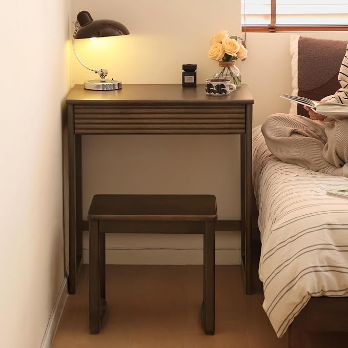 Walnut Finish Solid Wood Desk, Small Writing Desk Home Office Computer Desk for Small Spaces Study Bedroom Work 23.62" W