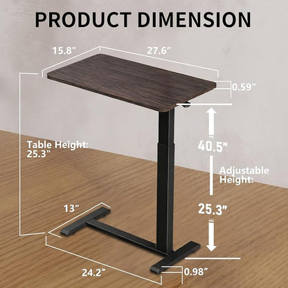 Ywin Medical Overbed Table with Wheels, Pneumatic Lift, Black Walnut | Rolling Bedside Table, Adjustable Height 27–43Inch, Mobile Portable Laptop Desk Perfect for Home Use, Patient Care, Office
