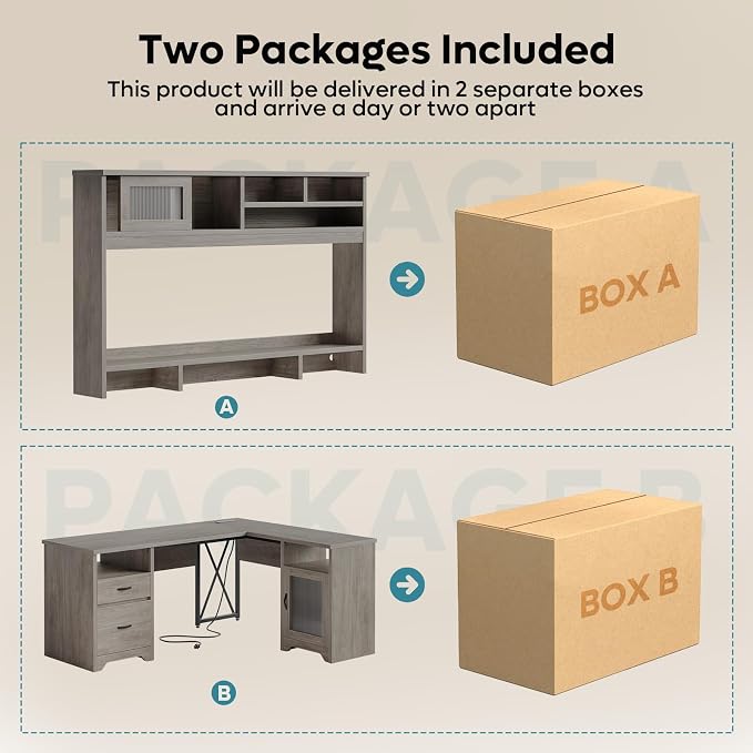 Bestier Farmhouse 63" L Shaped Desk with Hutch, Wood Computer Desk with Drawers, Charging Station, LED Light, Fluted Sliding Door Cabinet, Monitor Stand, Executive Desk for Home Office, Grey