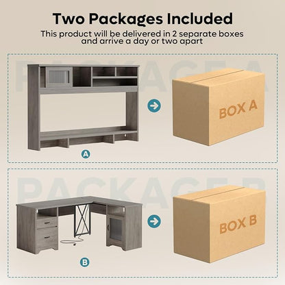 Bestier Farmhouse 63" L Shaped Desk with Hutch, Wood Computer Desk with Drawers, Charging Station, LED Light, Fluted Sliding Door Cabinet, Monitor Stand, Executive Desk for Home Office, Grey