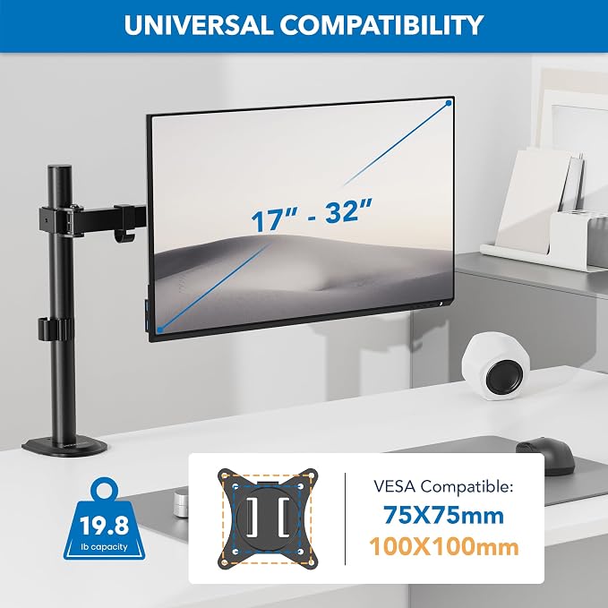 Mount-It! Single Monitor Arm Desk Mount for 17-32 Inch Screens, Holds up to 19.8 lbs, Height Adjustable Full Motion Stand, Steel, Clamp and Grommet Base, VESA 75x75 100x100, Cable Management, Black