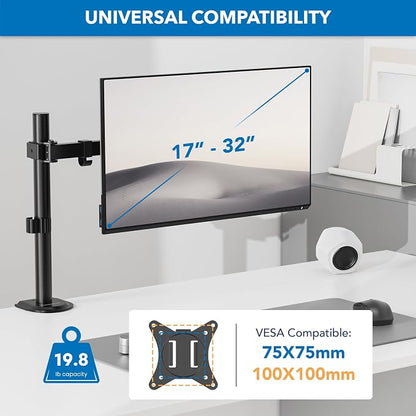 Mount-It! Single Monitor Arm Desk Mount for 17-32 Inch Screens, Holds up to 19.8 lbs, Height Adjustable Full Motion Stand, Steel, Clamp and Grommet Base, VESA 75x75 100x100, Cable Management, Black