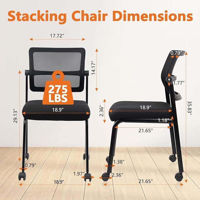 CLATINA 8PK Mesh Stacking Office Desk Chairs with Wheels, Portable Stackable Bulk Waiting Room Armless Chair with Adjustable Back & Fabric Seat for Guest Lobby Side School Church Conference Break