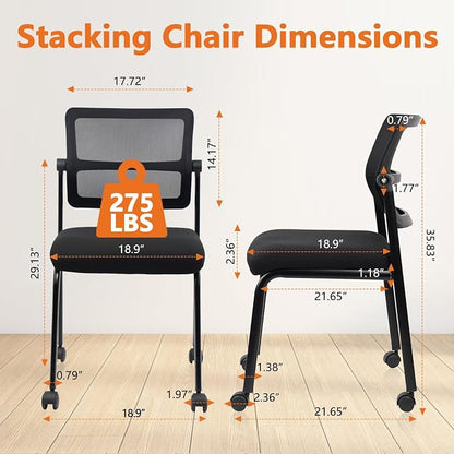 CLATINA 8PK Mesh Stacking Office Desk Chairs with Wheels, Portable Stackable Bulk Waiting Room Armless Chair with Adjustable Back & Fabric Seat for Guest Lobby Side School Church Conference Break