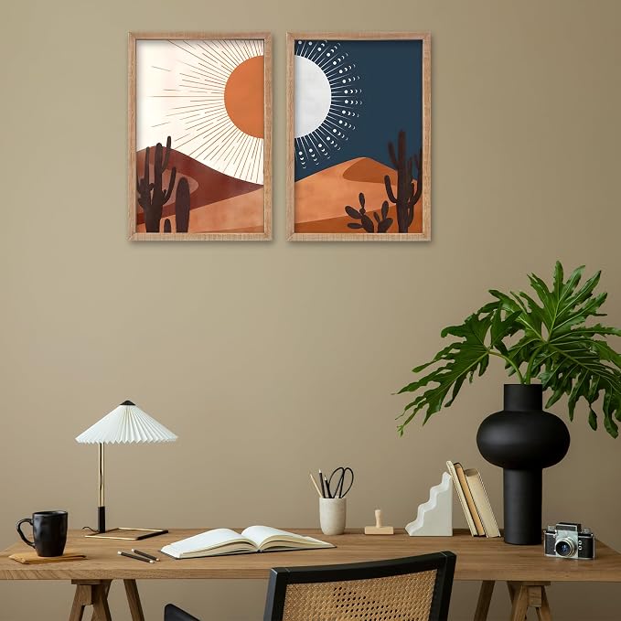 SRSZHIYUE Desert Cactus Landscape Day and Night Wall Art 16x11 Inch 2 Pieces Boho Abstract Wall Decor for Living Room Wooden Framed Hanging (Wood)
