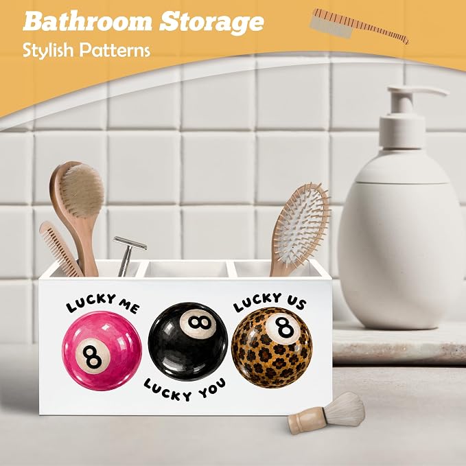Trendy Retro 8 Ball Pen Holder Organizer for Desk Accessories, Girly Office Decor, Funky Preppy Y2K Lucky Me Lucky 8 Ball Wooden Box Sign Desk Decorations for Girls Room Bedroom Dorm Decor
