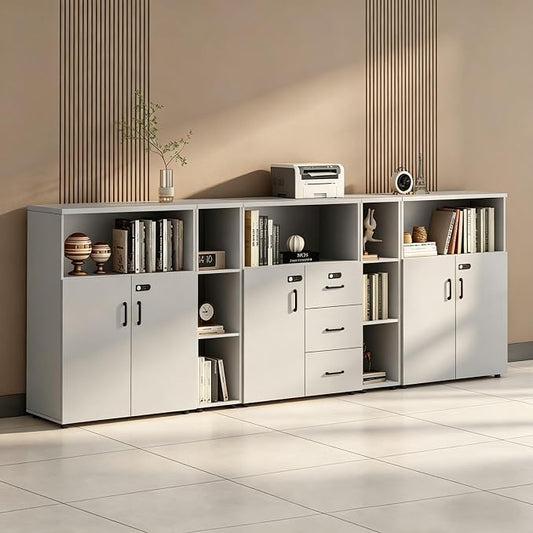 File Cabinet with Password Lock, Wood Lateral Filing Cabinet for Letter/A4 Files, 3 Drawer with Door, Printer Stand with Open Shelves for Home Office