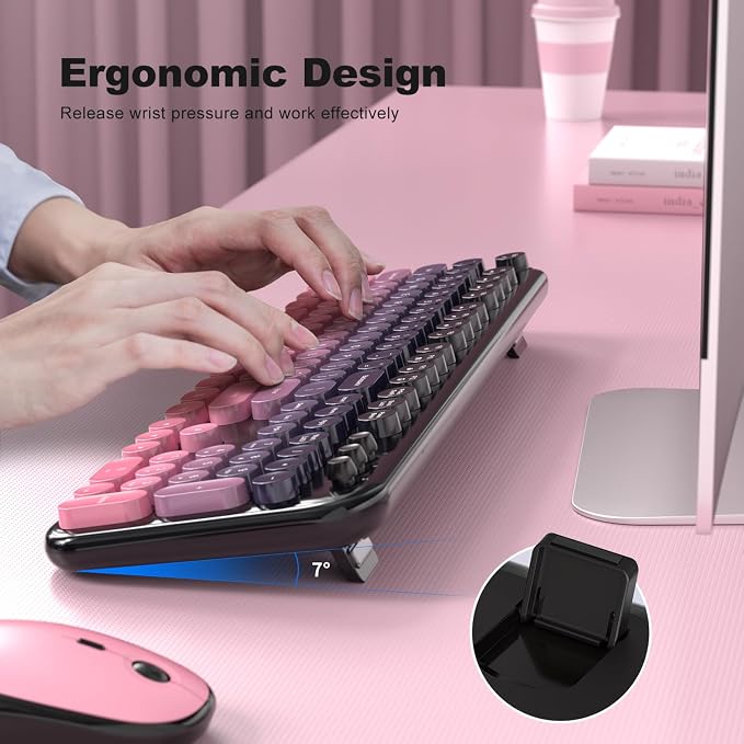 Atelus Wireless Keyboard Mouse Combo, Typewriter Full Size Keyboard with Number Pad and 2 in 1 USB Connected Mouse for PC Computer Laptop Desktop Windows 7 8 10 11 (Berry Pink)