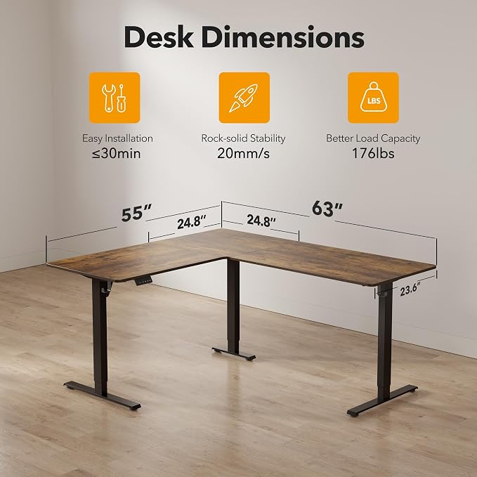 Cubiker L Shaped Standing Desk - 63 x 55 Inch Electric Adjustable Height Corner Standing Desk, Ergonomic Sit Stand Up Table, Splice Board for Home Office, Rustic Brown