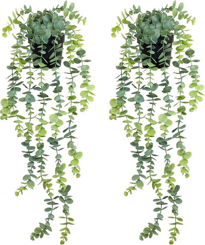 LOYWREE 2 Pack Fake Hanging Plants Artificial Eucalyptus Small Potted Long Vine Plant for Indoor and Outdoor Shelves, Walls, Rooms, Homes, Offices, and Gardens Decor (Black Pot)