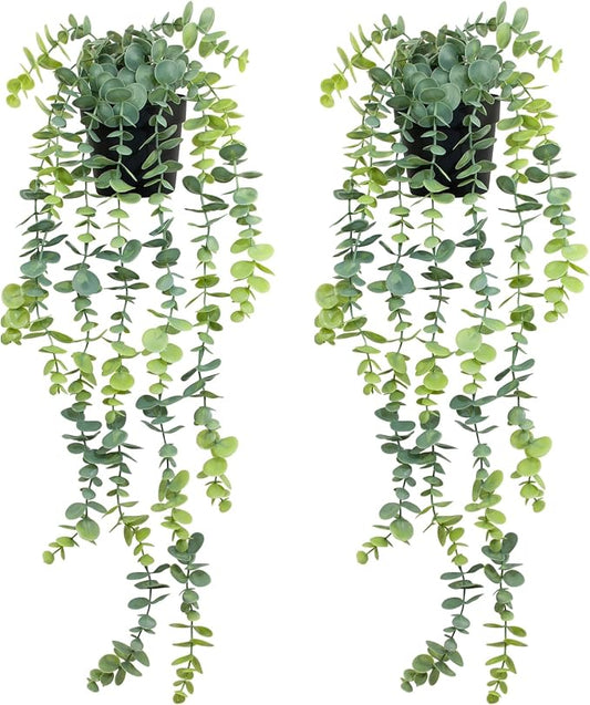 LOYWREE 2 Pack Fake Hanging Plants Artificial Eucalyptus Small Potted Long Vine Plant for Indoor and Outdoor Shelves, Walls, Rooms, Homes, Offices, and Gardens Decor (Black Pot)