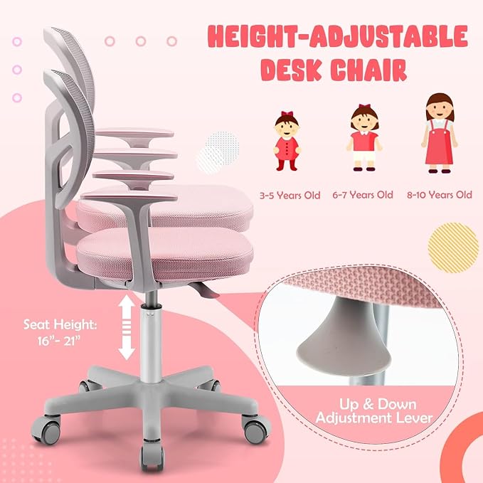 Kids Desk Chair, Height Adjustable Children Study Chair w/Lumbar Support, Swivel Mesh Seat, Universal Casters, Ergonomic Kids Task Chair for Boys Girls Aged 3-10, Home, School, Office (Pink)