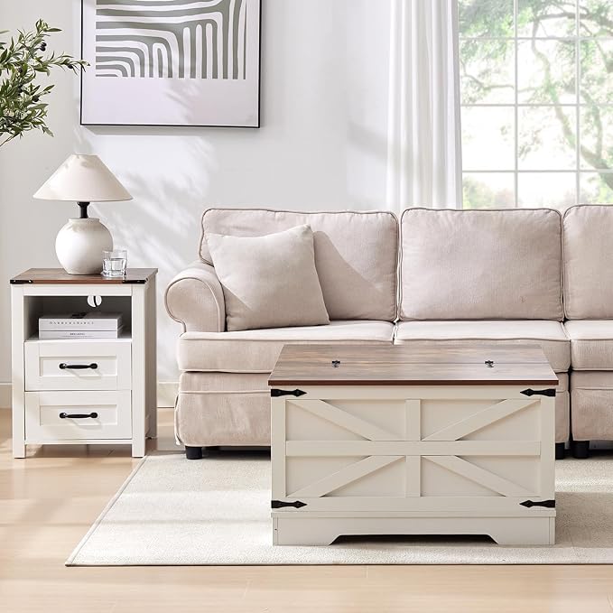 Farmhouse Coffee Table and End Table Sets of 3, 3 Piece Living Room Table Set with Charging Station, Lift Top Coffees and 2 Drawer Dresser, Wood Furniture Sets with Storage, White