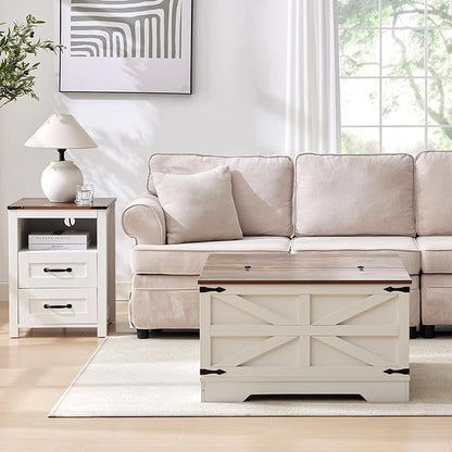 Farmhouse Coffee Table and End Table Sets of 3, 3 Piece Living Room Table Set with Charging Station, Lift Top Coffees and 2 Drawer Dresser, Wood Furniture Sets with Storage, White