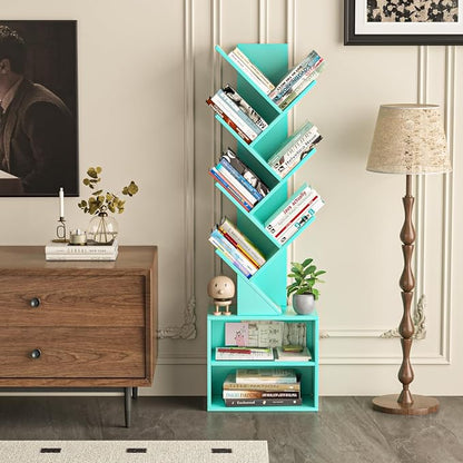 SHEEPAM 10 Tier Tree Bookshelf,Floor Standing Wood Tall Bookcase for Narrow Space, Storage Organizer Bookshelves for Books, Book Case for CDs/Movies/Books,Home Office,Living Room, Bedroom