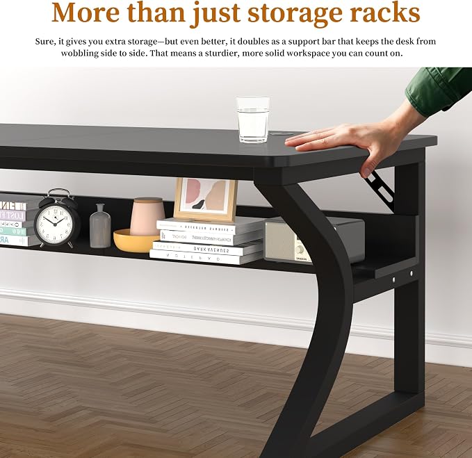 47'' Computer Desk Home Office Desk, Modern Computer Desk w/U Shaped Metal Frame, Storage Shelves, PC Table Study Writing Desk Workstation for Home Office (47inch/Black)