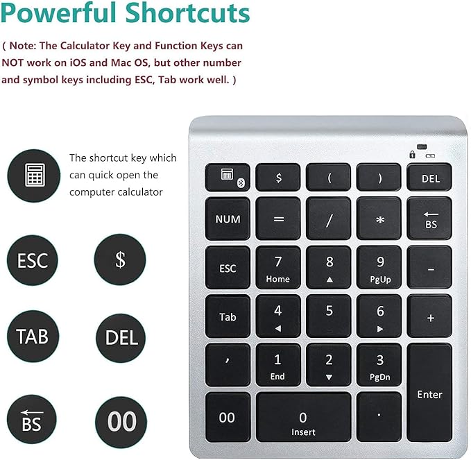 Lekvey Bluetooth Number Pad, 10 Keys Numeric Keypad Portable Wireless Bluetooth Keypad : 28-Key Numpad Extensions for Financial Accounting Data Entry for Laptop Surface Pro Tablets Windows, Silver