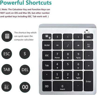 Lekvey Bluetooth Number Pad, 10 Keys Numeric Keypad Portable Wireless Bluetooth Keypad : 28-Key Numpad Extensions for Financial Accounting Data Entry for Laptop Surface Pro Tablets Windows, Silver