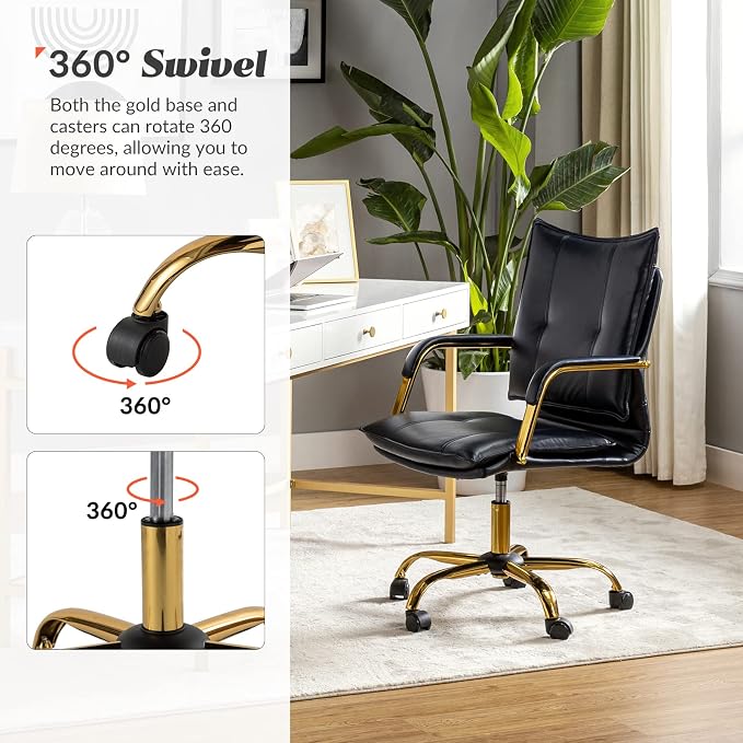 HULALA HOME Faux Leather Home Office Desk Chair, Adjustable Swivel Computer Chair with Golden Legs and Arms, Comfy Upholstered Task Chair, Navy