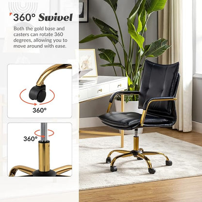 HULALA HOME Faux Leather Home Office Desk Chair, Adjustable Swivel Computer Chair with Golden Legs and Arms, Comfy Upholstered Task Chair, Navy