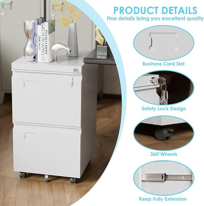 2 Drawer File Cabinet with Lock, Under Desk Metal Rolling Filing Cabinet for Letter/Legal Size Folder, Mobile File Cabinet with 5 Wheels (Anti-Tilt) for Home Office, Assembly Required, White