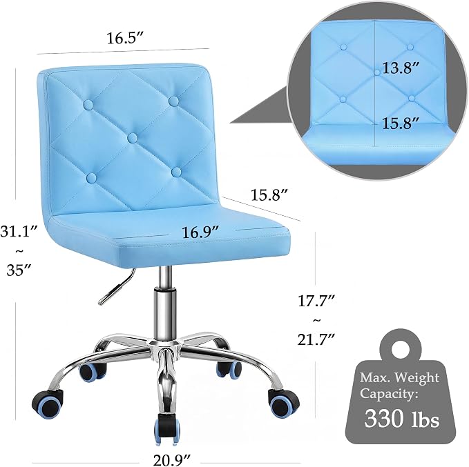 VECELO PU Leather Mid-Back Armless Vanity Chair Adjustable Height 360° Rolling Swivel for Home Office Work
