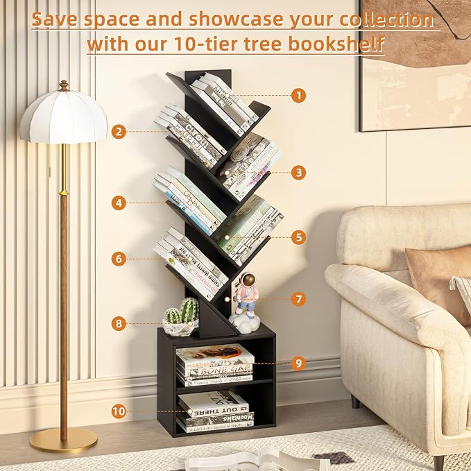SHEEPAM 10 Tier Tree Bookshelf,Floor Standing Wood Tall Bookcase for Narrow Space, Storage Organizer Bookshelves for Books, Book Case for CDs/Movies/Books,Home Office,Living Room, Bedroom